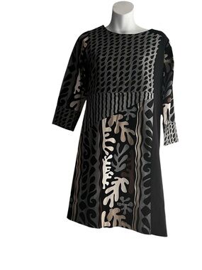 Gretchen Scott Designs Black, Taupe & Cream Abstract A-Line Dress